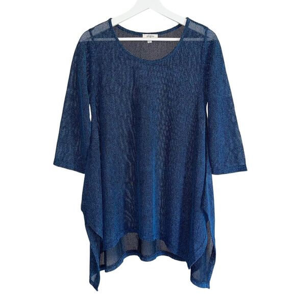 Umgee Tunic Open Knit Top Size M Blue Mesh Shark Bite Hem Longline 3/4 Sleeves - Picture 1 of 10